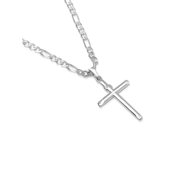Choose Width and Length Mens Sterling Silver Cross Pendant Figaro Chain Necklace Italian Made 